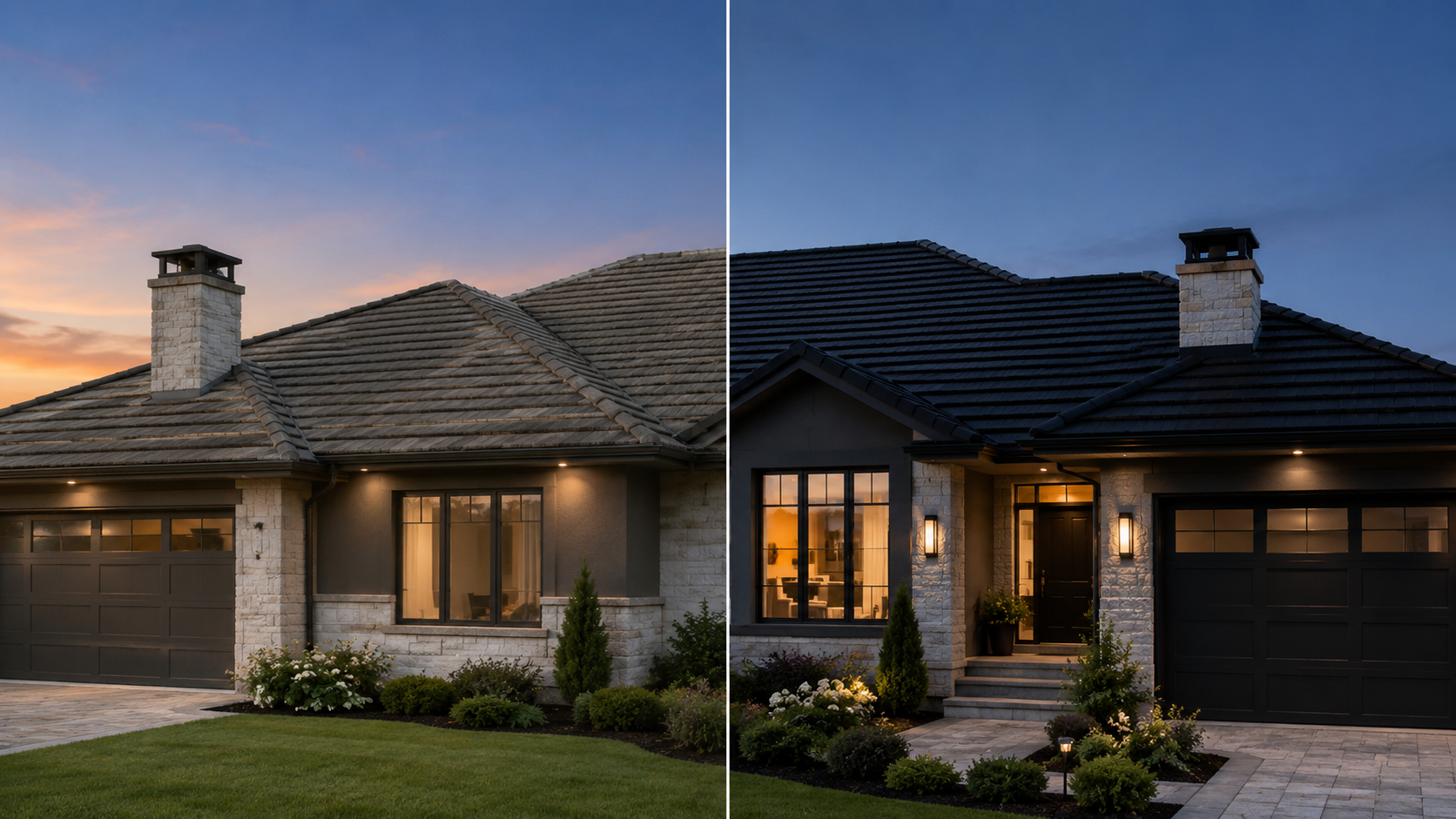 Before-and-after of a pressure-washed and re-pointed terracotta tile roof in Brisbane