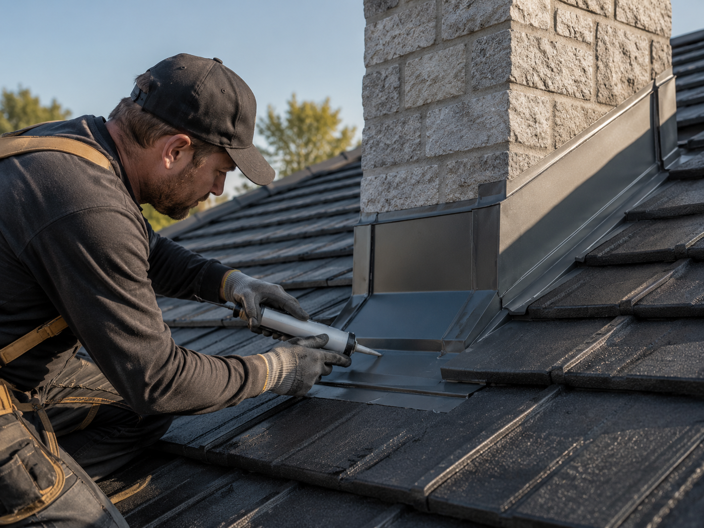 Close-up of re-pointed ridge capping on a Brisbane tile roof
